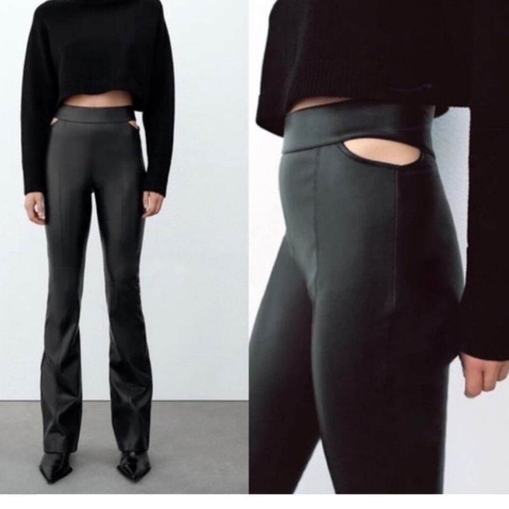 ZARA Cutout Hip Faux Leather High Rise Flared Pants Pullon Back Zip Up XS Black